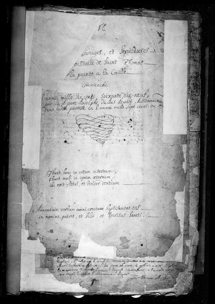 Page d'entre du premier registre paroissial de Pointe--la-Caille
